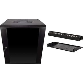 NavePoint 12U Wall Mount Network Server Cabinet for 19" IT Equipment, A/V Devices, Tempered Glass Door, Removable Side Panels & Cantilever Server Shelf Vented & Cable Manager Duct Raceway