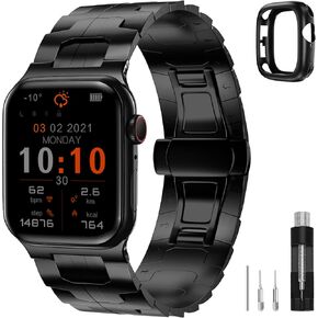 Compatible with Apple Watch Bands for Men Women 49mm 45mm 46mm 44mm 42mm 41mm 40mm 38mm, Business Metal Strap with case for iWatch Bands Ultra Series 10 9 8 7 6 5 4 3 2 1 SE,Black.