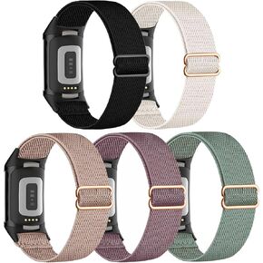 5 Pack Stretchy Watch Bands Compatible with Fitbit Charge 6 Bands/Fitbit Charge 5, Loop Nylon Elastic Fabric Strap for Fitbit Charge 5/6 Women Men