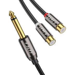 J&D 6.35mm Audio Adapter Cable - 1/4" Mono TS to Dual RCA Female Y Splitter with Gold Plated Connectors for Mixing Consoles and Stereo Systems (8-inch)