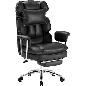 Sweetcrispy Executive Home Office Desk Chair Ergonomic Big Tall High Back with Footrest & Lumbar Support, Reclining Height Adjustable Comfy PU Leather Computer Gaming with Swivel Wheels, Black