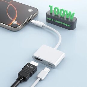 USB C to HDMI Adapter, 2 in 1 USB-C to HDMI Adapter 100W for iPhone 16 15, 4K@60Hz to TV, Type C Digital AV 4K Video Sync Screen Splitter, Connector with Fast Charging Port for iPhone MacBook Samsung