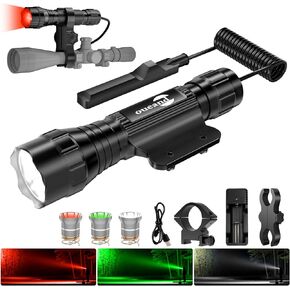 Tactical Flashlights Predator Light with Red Green,1200 Lumens Mlok Picatinny Flashlight with Pressure Switch,3 Modes White Light,Hunting Flashlight for Hog Coyote,Rifle Light with Scope Mount