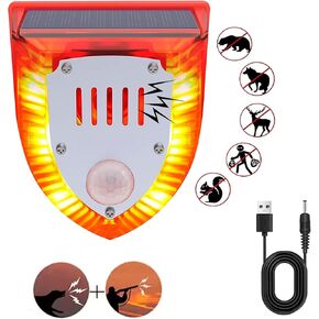 Solar Outdoor Motion Sensor Alarm - Dog Barking&Gunshot Sound 129db, Light Strobe Light Warning Lamp with USB, Motion Detector Noise Maker Warning Lamp for Home, Villa, Farm, Barn, Yard (1 Pack)