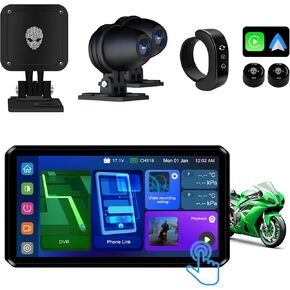 M12S Motorcycle 77G Millimeter Wave Radar Blind Spot Warning,Dash cam Front and Rear,Wireless CarPlay/Android Auto,Wired Remote,Night Vision,TPMS,G-Sensor,1080P(Host+Tpms+Cameras+Radar)