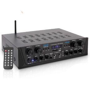 500W Karaoke Wireless Bluetooth Amplifier - 4 Channel Stereo Audio Home Theater Speaker Sound Power Receiver w/AUX in, FM, RCA Subwoofer Speakers Out, USB, Microphone in w/Echo - Pyle PTA44BT.5