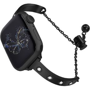 Stainless Steel Band Compatible with Apple Watch 38mm 40mm 41mm 42mm 44mm 45mm 46mm 49mm Pretty Luxury Strap with Sparkle Diamond, Dressy iWatch Bracelet, Bling Thin Band for Women
