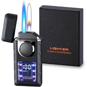 Smart Display Dual Flame Torch Lighter, Transparent Core Electric Lighter with LED Display, Butane Refillable & Type-C Charging, Windproof Jet Flame & Soft Flame Lighter (Without Butane)-Black Ice