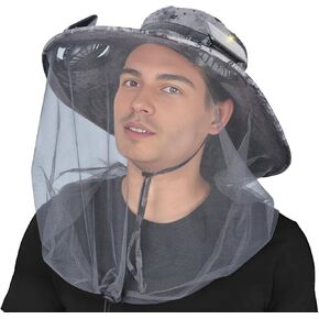 Wide Brim Sun Hat with Fan - Solar Powered Fan Hat with Mosquito Head Net, Men Cooling Hat for Outdoor, Fishing