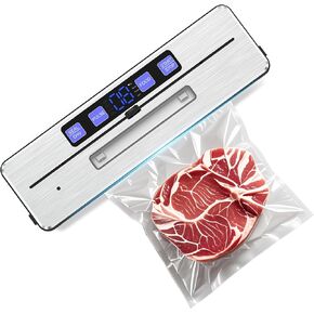 Vacuum Sealer Machine, 9-in-1 Automatic Food Sealer Kit with Double Heat Seal for Moist/Dry Food, Stainless Steel Compact Design, Built-in Cutter, Removable Drip Tray, 5 Sealer Bags & Hose