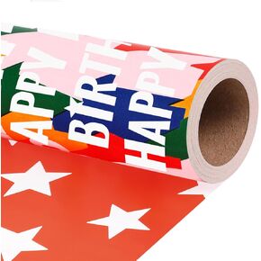 LaRibbons Birthday Wrapping Paper Roll for Kids, 30 Inch x 33 Feet (83 sq. ft. ttl.) Kraft Gift Wrap Paper with Colorful Text Happy Birthday Pattern for Baby Shower Holiday Party