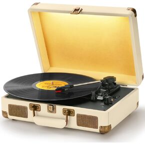 Vinyl Record Player, 3-Speed Bluetooth Turntable Portable Suitcase Belt-Driven Record Player with Built-in Speakers & LED Light, Support RCA Line-Out AUX Input Headphone Jack, Beige
