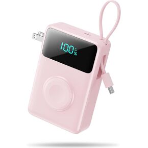 شاحن محمول 4-in-1 مع كبلات قابس و USB-C مدمج ، بنك الطاقة 10800mAh مع شاحن IWATCH ، QC4.0+PD 25W حزمة بطارية الشحن السريع ، أساسيات السفر لـ iPhone 16/14/14/12 ، Apple Watch