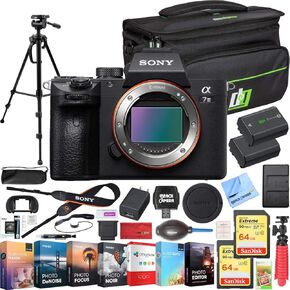 Sony a7 III Full Frame Interchangeable Lens 4K HDR Camera (Renewed) | Official Sony USA Partner Model | ILCE-7M3 Body Bundle with Deco Gear Travel Bag, 2X 64GB Memory Cards, Software & Accessories