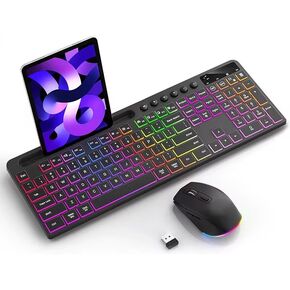 Wireless Keyboard and Mouse Combo 2.4Ghz, RGB Backlit Rechargeable 114 Key Keyboard Mouse with Phone Tablet Holder, Full-Size Quiet Silent Ergonomic Keyboard & Mouse Set for Gaming Home Office