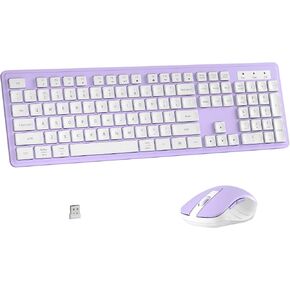 Wireless Keyboard and Mouse Combo, Full-Size 104-Key Office Keyboard with 15 Function Keys, Numeric Keypad, Single USB Receiver, Compatible with PC and Laptop(Purple White)