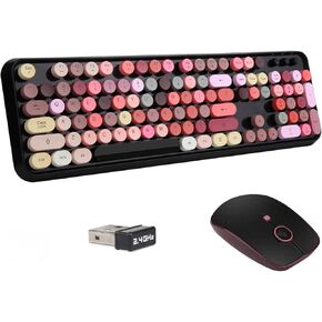 Wireless Keyboard and Mouse | Cute Colorful Keyboard and Mouse with 2.4GHz Cordless Retro Typewriter Keyboard | Auto-Sleep | USB Receiver for Windows PC/Laptop - Black Colorful
