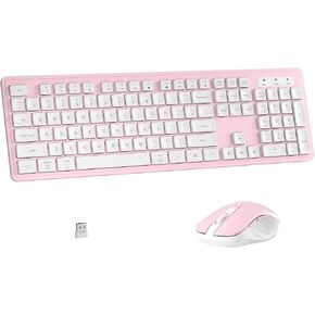 Wireless Keyboard and Mouse Combo, Full-Size 104-Key Office Keyboard with 15 Function Keys, Numeric Keypad, Single USB Receiver, Compatible with PC and Laptop(Pink White)