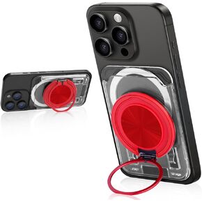 for Magsafe Wallet, Magnetic Card Holder Wallet with 360° Rotating Foldable Phone Stand for All Cell Phones, Fit 1-3 Cards, Slide Easy Card Take Design (Clear+Red Stand)