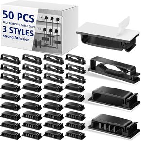 50 Pcs Self Adhesive Cable Clips Cord Organizer Cable Management Clips Under Desk Wire Organizer 3 Functions Cord Holder for Home, Office, Car, Desk, Black