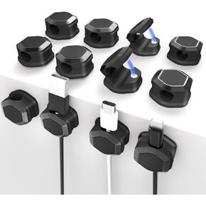Magnetic Cable Clips, Self-Adhesive Cord Holder, Cord Organizer, Smooth Adjustable Wire Keeper for Desk, Nightstand, Phone Charger, Computer, Home, Office, Car (Black, 12)