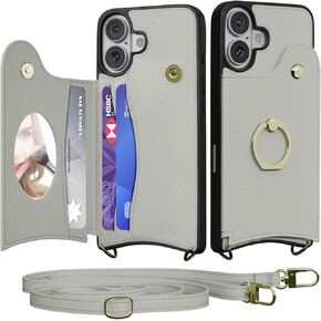 Crossbody Wallet Case for iPhone 16 with Mirror, UP Leather Case with Card Slots Invisible Stand, Women Detachable Lanyard 6.1-Inch Phone Case Black