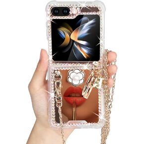 Omio for Galaxy Z Flip 5 5G Mirror Case with Crossbody Lanyard Luxury 3D Sparkle Crystal Diamond Bling Glitter Cute Slim Makeup Hard PC Phone Cover for Women Girls, Gold