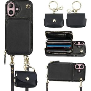 Bocasal A Multi Slots Crossbody Wallet Case for iPhone 16+ A Slim Leather Case for AirPods Pro