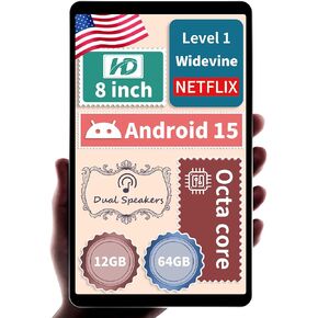 【2025 Android 15 Tablet 8 inch】, 8 core CPU, 12GB+64GB，2TB Expandable, HD IPS Display, Wi-Fi 6, BT5.4, 5MP+8MP Camera, 5100mAh Large Battery, Widevine L1, Kids Tablet PC, Gray