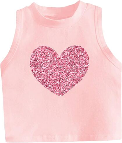 Girl's Glitter Heart Print Tank Top Sleeveless Crew Neck Loose Fit Casual Shirts in Saudi Arabia