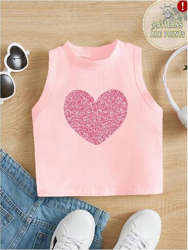 Girl's Glitter Heart Print Tank Top Sleeveless Crew Neck Loose Fit Casual Shirts in Saudi Arabia