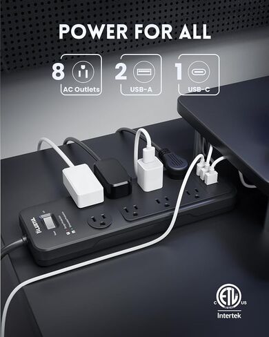 Surge Protector Power Strip 15ft ، واقي Flugtul Frase مع 8 منافذ - تصميم فسيح للمقابس الكبيرة ، قابس مسطح ، 20W USB C الشحن للمنزل ، المكتب ، ETL المدرجة ، 2040J in Kuwait