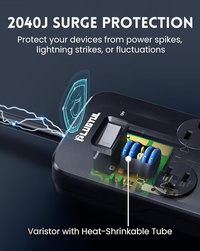 Surge Protector Power Strip 15ft ، واقي Flugtul Frase مع 8 منافذ - تصميم فسيح للمقابس الكبيرة ، قابس مسطح ، 20W USB C الشحن للمنزل ، المكتب ، ETL المدرجة ، 2040J in Kuwait