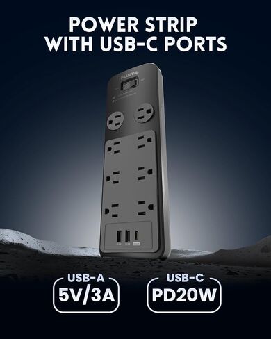 Surge Protector Power Strip 15ft ، واقي Flugtul Frase مع 8 منافذ - تصميم فسيح للمقابس الكبيرة ، قابس مسطح ، 20W USB C الشحن للمنزل ، المكتب ، ETL المدرجة ، 2040J in Kuwait