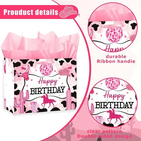Blue Cowboy Birthday Gift Bag Large Western Happy Birthday Wrapping Paper Bags Decorations with Handles Greeting Card Tissue Paper Wild West Cow Farm Wrap Bags for Party Favors Decor Boy Men Supplies in Saudi Arabia