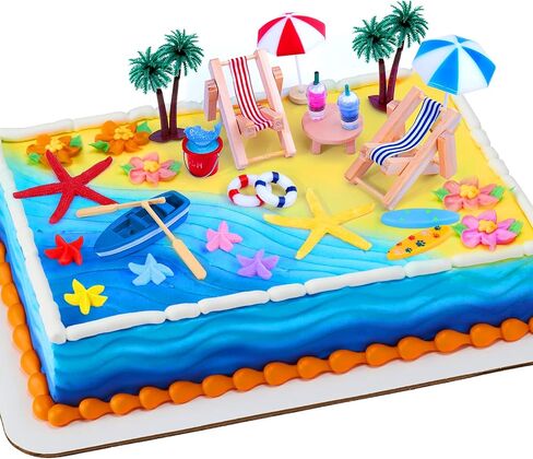 Beach Cake Decorations, 15 Pieces Chair Umbrella Palm Tree Summer Ocean Cake Toppers, Tropical Hawaiian Aloha Luau Theme Decorations for Birthday Baby Shower Wedding Pool Party Decorations Supplies in Kuwait