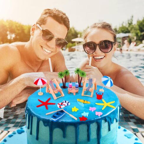 Beach Cake Decorations, 15 Pieces Chair Umbrella Palm Tree Summer Ocean Cake Toppers, Tropical Hawaiian Aloha Luau Theme Decorations for Birthday Baby Shower Wedding Pool Party Decorations Supplies in Kuwait