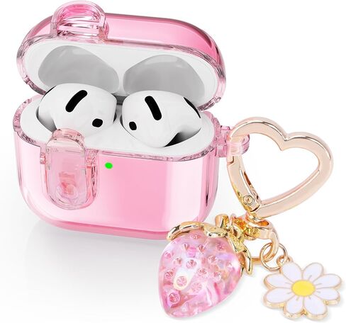 (with Safety Lock) Clear Case Compatible with Airpods 4 Cases 2024 Women, Cute Soft TPU Transparent AirPods 4th Generation Case iPods 4 Earbuds Case Girl Strawberries Keychain for Airpod iPod 4th Gen in Kuwait