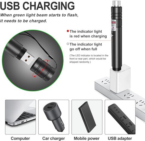 Green Beam Light Flashlight Long Range, USB Rechargeable Tactical Flashlights with Star Cap Adjustable Focus for TV/LED/LCD Screens, Presentations, Astronomy, Camping, Hiking, and Outdoor Use in Kuwait