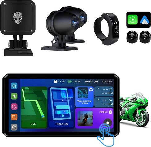 AlienRider M12S Motorcycle 77G Millimeter Wave Radar Blind Spot Warning,Dash cam Front and Rear,Wireless CarPlay/Android Auto,Wired Remote,Night Vision,TPMS,G-Sensor,1080P(Host+Tpms+Cameras+Radar) in Kuwait