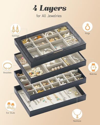 Large Jewelry Organizers and Storage Box , 4 Layers Stackable Jewelry Organizer Trays Clear Lid Cover for Drawers, Jewelry Boxes for Women, Stacker Jewelry Display Case, Jewelry Inserts for Drawers in Saudi Arabia