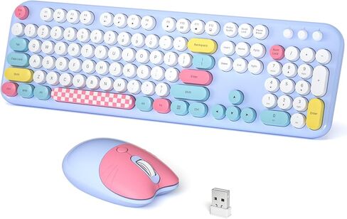 Wireless Keyboard and Mouse Combo, Meidosa 2.4GHz Colorful Full-Size Retro Typewriter Keyboard with Cat Shape 3 Level Adjustable Optical Mouse for PC/Desktop/Laptop/Windows (Pale Blue Colorful) in Saudi Arabia