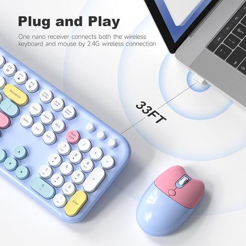 Wireless Keyboard and Mouse Combo, Meidosa 2.4GHz Colorful Full-Size Retro Typewriter Keyboard with Cat Shape 3 Level Adjustable Optical Mouse for PC/Desktop/Laptop/Windows (Pale Blue Colorful) in Saudi Arabia