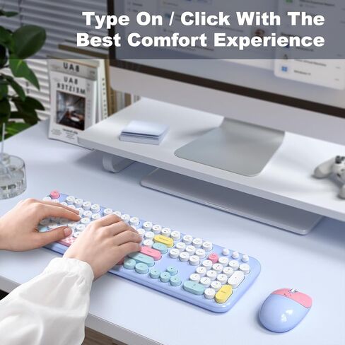 Wireless Keyboard and Mouse Combo, Meidosa 2.4GHz Colorful Full-Size Retro Typewriter Keyboard with Cat Shape 3 Level Adjustable Optical Mouse for PC/Desktop/Laptop/Windows (Pale Blue Colorful) in Saudi Arabia