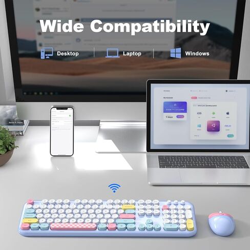 Wireless Keyboard and Mouse Combo, Meidosa 2.4GHz Colorful Full-Size Retro Typewriter Keyboard with Cat Shape 3 Level Adjustable Optical Mouse for PC/Desktop/Laptop/Windows (Pale Blue Colorful) in Saudi Arabia