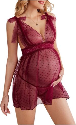 SOLY HUX Women's Maternity Polka Dots Deep V Neck Mesh Babydoll Nightgown with Thong 2 Piece Lingerie Set in Saudi Arabia