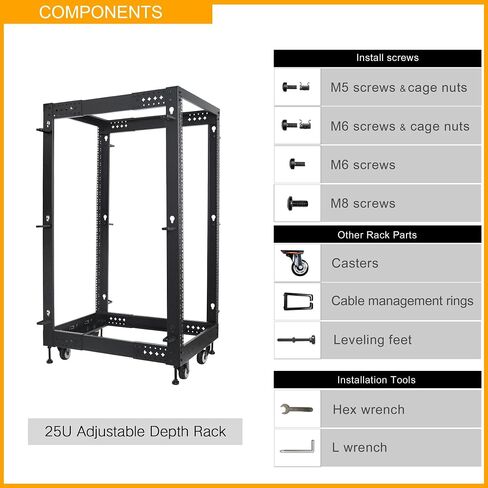 RIVECO 25U Server Rack Adjustable Depth Network 4 Post Cabinet Open Frame with Leveling Feet & Wheels Fully Rivets 1400 LBS in Kuwait