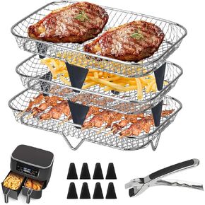 Air Fryer Rack Accessories Rectangle - fit for Ninja Dual/Stacked Air Fryer DZ201 DZ100 DZ090, 3-Layer Stackable AirFryer Oven Baking Basket Tray, Dehydrator Rack, Anti-Scalding, Stainless Steel