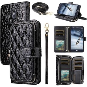 Argyle Wallet Case for LG Stylo 3 Stylo3 Plus with Lanyard Luxury PU Leather Kickstand Zipper Purse Shockproof Cell Phone Cover for LGstylo3 Style 03 3+ Stylus 3Plus LS777 LGL84VL L84VL Red