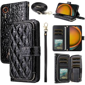 Argyle Wallet Case for Samsung Galaxy Xcover 7 with Crossbody/Wrist Strap Lanyard Luxury PU Leather Kickstand Zipper Purse Shockproof Card Holder Cell Phone Cover for Xcover7 Women Men Black